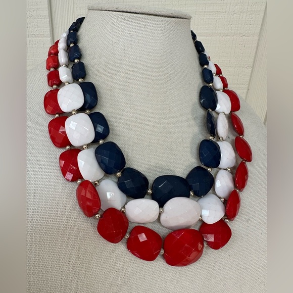 Patriotic red white blue multi strand bead necklace - Picture 2 of 5